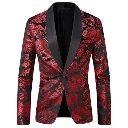 Men's Purple Print Suit Jacket Burgundy Long Sleeve Black Collar Single Button Coat for Wedding Party Stage Performance