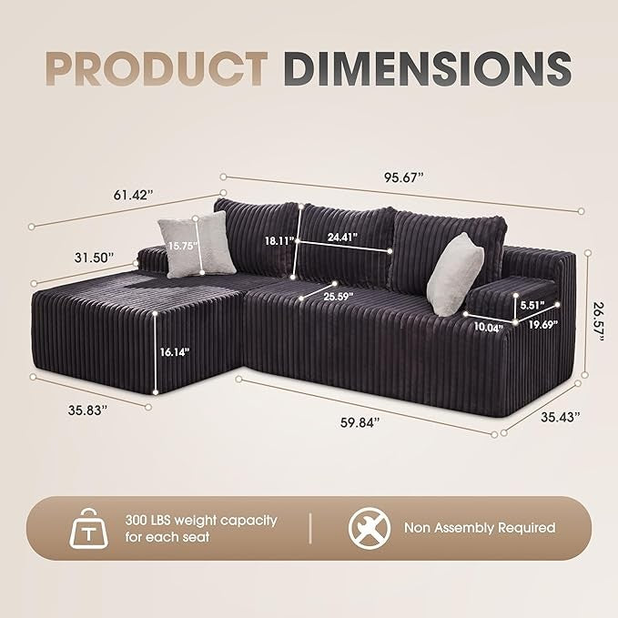 Modular L-Shaped 3-Seat Sectional | Memory Foam with Deep Seating & Storage Modules | Living Room Sofa