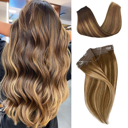 Cabelo Humano Liso de Extensão com Fio para Mega Hair, Linha de Pesca, Fusão Natural de Extensões de Cabelo com Clipes, Trama de Extensões para Mulheres