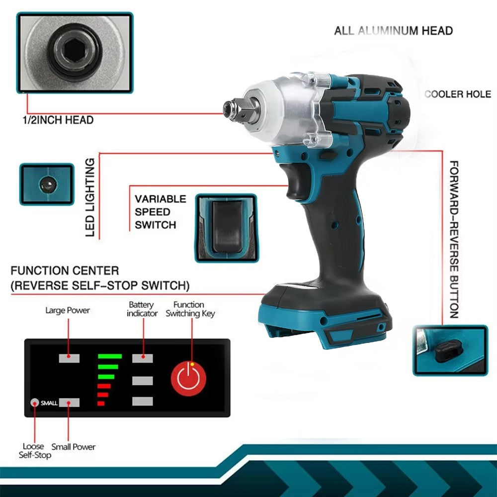 Chave de Impacto Elétrica Sem Fio Sem Escovas 520NM de 1/2 polegada, Ferramentas Elétricas Compatíveis com Bateria de 18V, Chave com Conjunto de Caixa de Ferramentas
