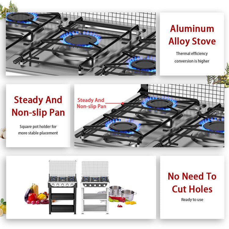 5 Burner Cooktop Commercial Kitchen Gas Stove Free Standing With Iron Lid LPG Gas Powered Portable for Outdoor Installation