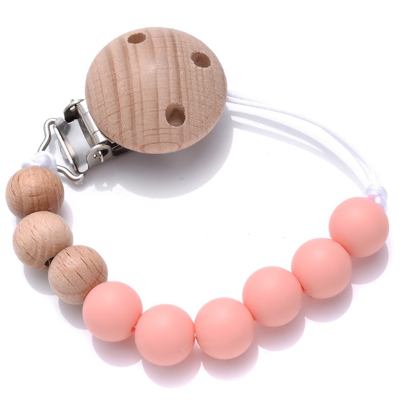 Handmade Beech Wood Baby Pacifier Chain Round Silicone Beads Infant Appease Soother Clips Anti-Drop Dummy Holder Nipple Clip