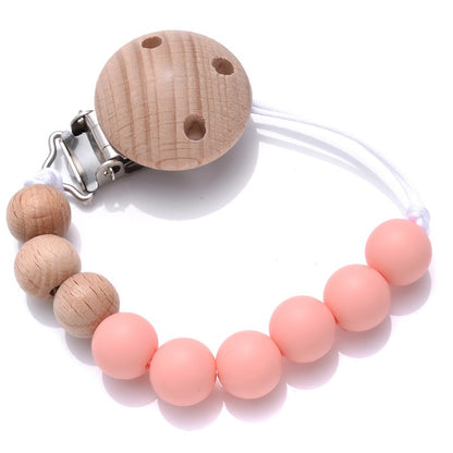 Handmade Beech Wood Baby Pacifier Chain Round Silicone Beads Infant Appease Soother Clips Anti-Drop Dummy Holder Nipple Clip