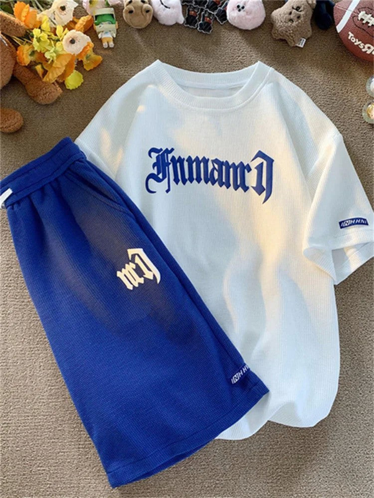 Summer Oversize Casual Fashion tracksuit Loose Jogging Waffle Suit Men Loose Short-sleeve tshirt + Sports Shorts 2pcs Set Outfit