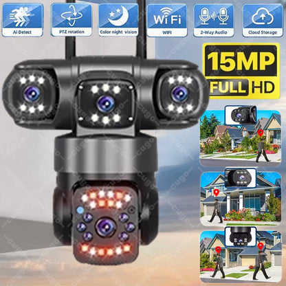 Câmera IP WiFi Externa 15MP 8K Lentes Triplas Telas Triplas Monitor de Vídeo de Segurança Visão Noturna Zoom 10X Câmeras CCTV à Prova d'Água