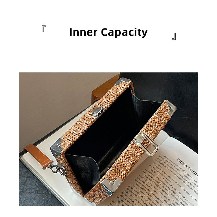 Couple's Sling Bag Straw Weaving with Corner Metal Decoration Boxy Shape Doctor Bag for Date Back to School Party Shoulder Bag
