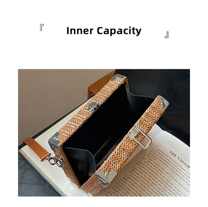 Couple's Sling Bag Straw Weaving with Corner Metal Decoration Boxy Shape Doctor Bag for Date Back to School Party Shoulder Bag
