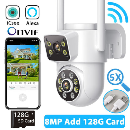 8MP 4K Wifi PTZ Camera Dual Lens Dual Screens Surveillance Camera Outdoor 2MP 4MP HD Night Vision Home Security Camera ICSEE APP