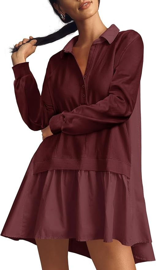 Fisoew Womens Grunge Aesthetic Dress Long Sleeve V Neck Oversized Pullover Loose Fit Mini Tennis Dress Y2K Style