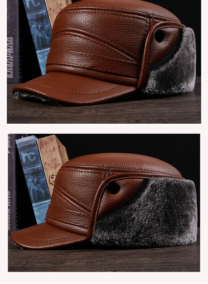 Men's Genuine Leather Duckbill Hat Winter Thickened Warm Outdoor Earflap Cotton Cap Elderly Real Leather Hat Cowhide Warm