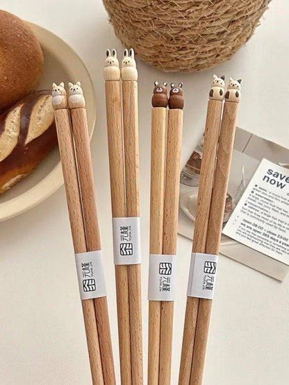 Hashis de Desenho Animado de Animais Fofos, Hashis de Madeira de Faia para Casais de Sushi, Utensílios de Jantar de Madeira Entalhados à Mão, Práticos e Bonitos