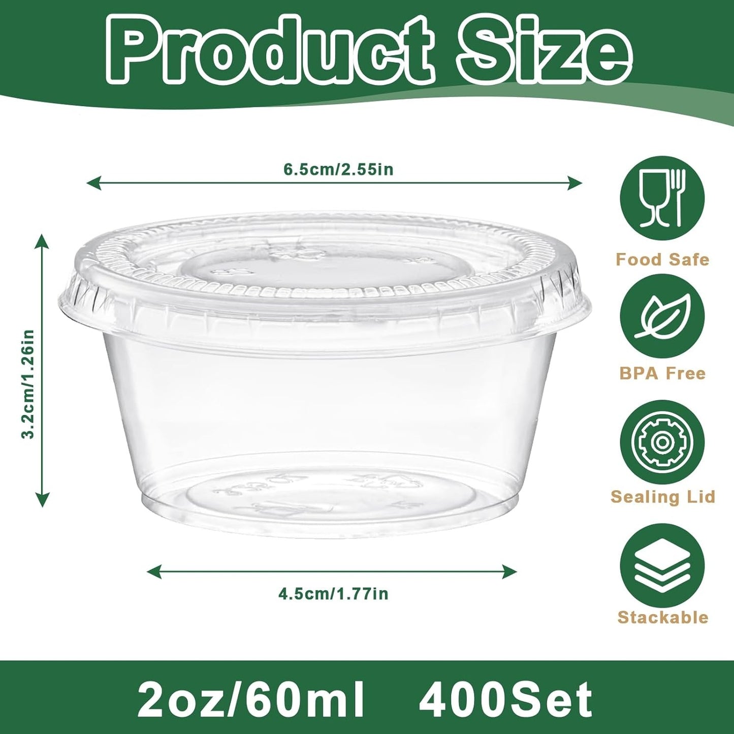 400 unidades de potes de plástico descartáveis de 60ml com tampas, copinhos para shots de gelatina, potes plásticos para suflê ou condimentos