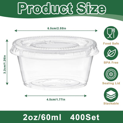 400 unidades de potes de plástico descartáveis de 60ml com tampas, copinhos para shots de gelatina, potes plásticos para suflê ou condimentos
