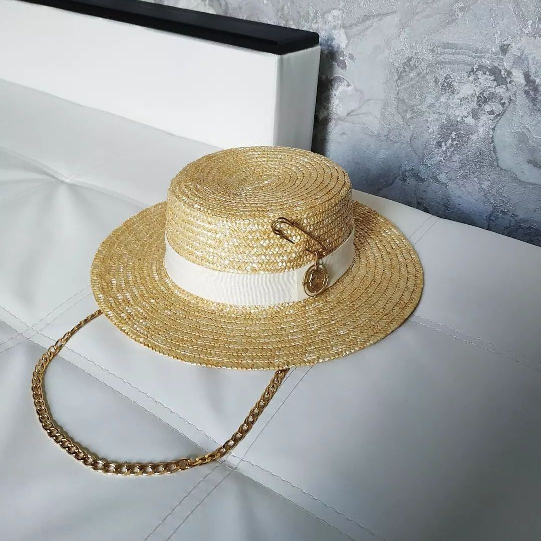 2023 Summer sun hat Lafite grass French straw hat Women's chain decorated straw hat Holiday Sun hat Punk style  beach