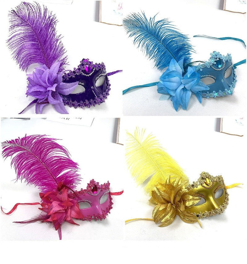 Feather Rhinestones Masquerade Mask Lace Women Flower Fashion Half Face Sexy Halloween Christmas Easter Cosplay Party Prom White