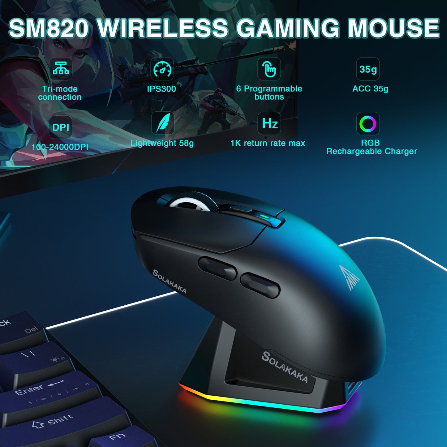 Mouse Gamer Sem Fio Tri-modo SOLAKAKA SM820 com Base Magnética Recarregável RGB PAW3311 24000DPI Macro Leve