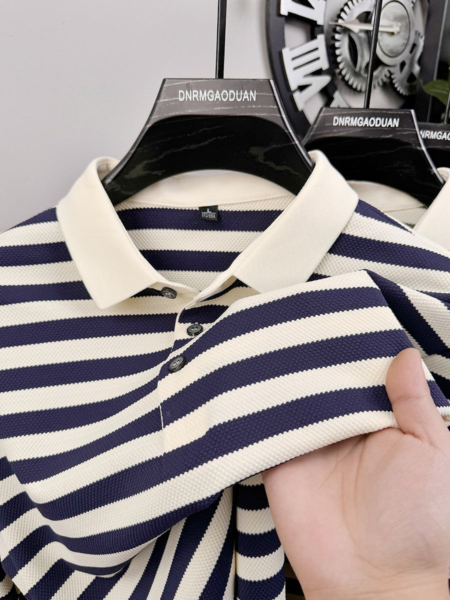 High Quality Summer Men's 2025 New Short Sleeved T-shirt with Striped Half Sleeves Trendy T-shirt Polo Shirt for Men