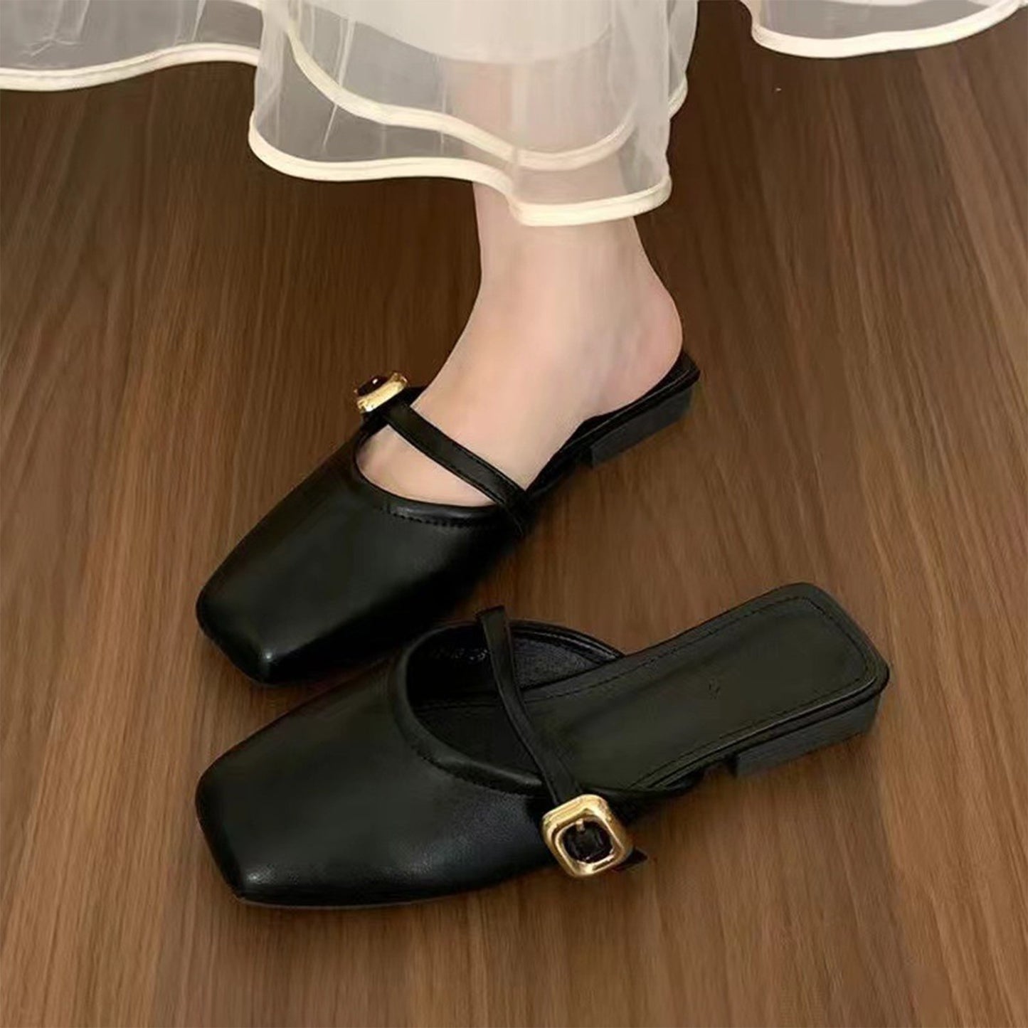 New Summer New French Gentle Baotou Half Slippers Women Casual Versatile Flat Bottom Shallow Mouth Single Shoes For Women