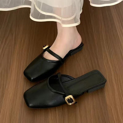 New Summer New French Gentle Baotou Half Slippers Women Casual Versatile Flat Bottom Shallow Mouth Single Shoes For Women