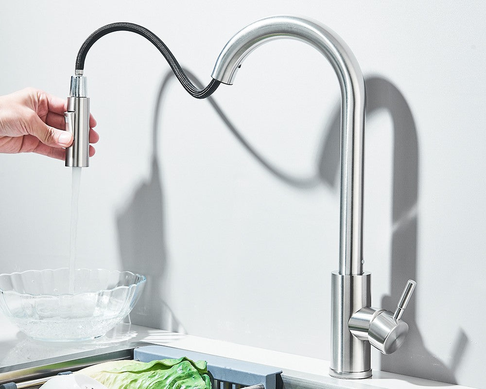 Torneira Misturadora de Cozinha Monocomando Quente e Frio com Bico Extensível e Duas Funções, Montada na Bancada