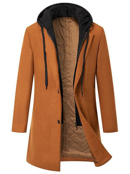 Men's Thickened Fake Two-Piece Wool Blend Overcoat, Hooded Long Coat Man, Autumn Winter Solid Color Slim Windbreaker Men