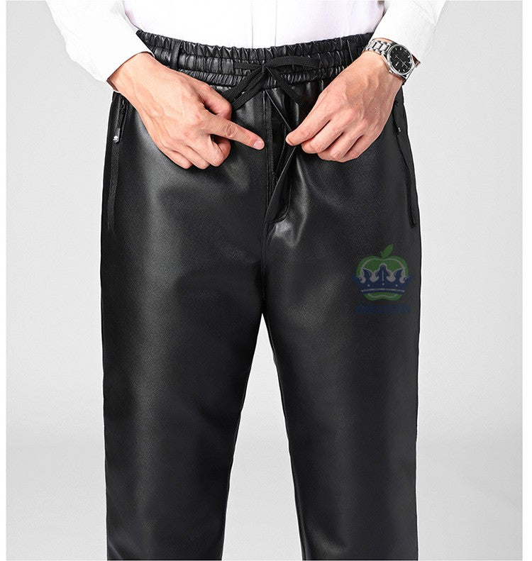 OUSSYU Brand High Quality Winter Outdoors Fleece Warm Pants Men Zippered Pocket Business Straight Flocking PU Trousers Plus Size