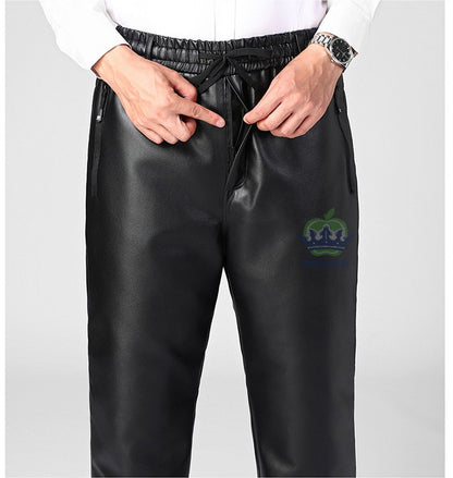 OUSSYU Brand High Quality Winter Outdoors Fleece Warm Pants Men Zippered Pocket Business Straight Flocking PU Trousers Plus Size