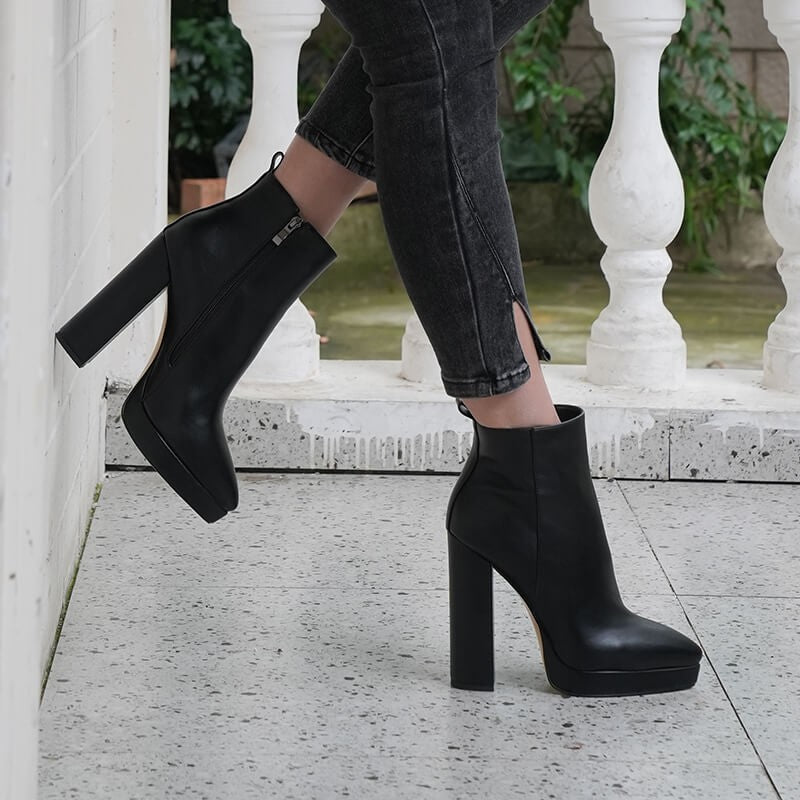 Onlymaker Women Pointed Toe Ankle Boots Black Matte Flock Chunky Heel Platform Booties Party Shoes Large Size Short Boots