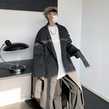 Men's Double-Breasted Wool Blend Overcoat with Belt Loose Fit Solid Color Stand Collar Mid-Length Trench Coat for Autumn Winter