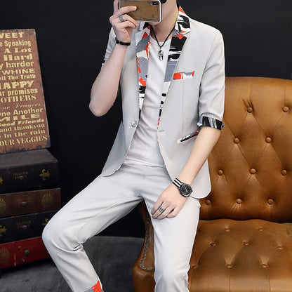 Summer 2025 Korean Slim Fit Short Sleeve Suit Casual Thin British Style Seven-Point Mid-Sleeve Suit for Men