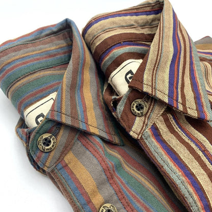 Amikaki Ethnic Style Men's Pure Cotton Colorful Stripes Shirt Loose Ancient Cargo Long Sleeved Shirt Jacket With Chest Pocket