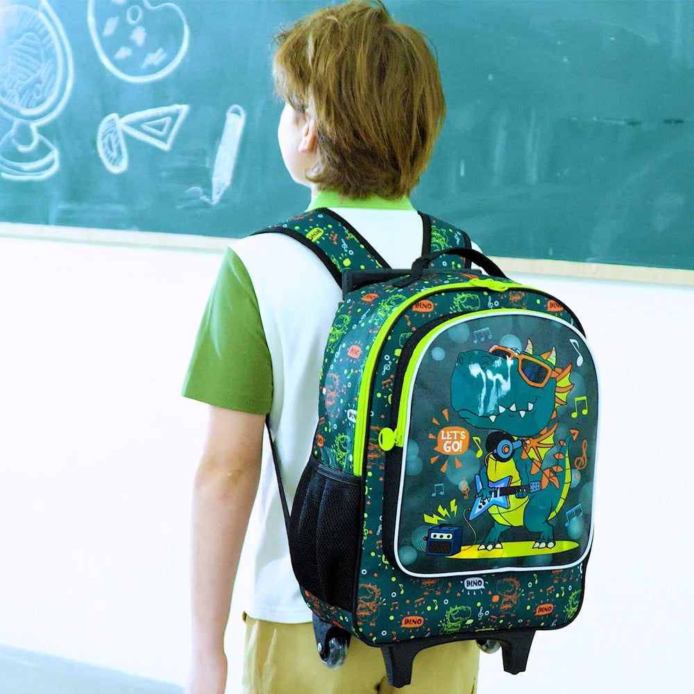 Mochila de Rodinhas de Dinossauro 3 Peças para Meninos, Mochila Escolar Infantil com Rodas, Mochila de Rolamento com Lancheira para o Ensino Fundamental