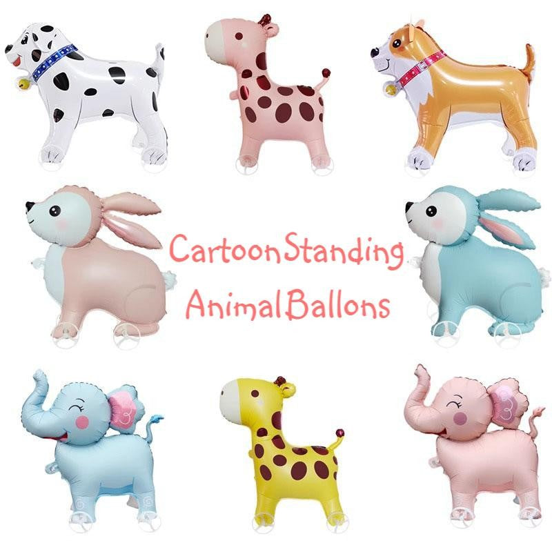 Cartoon Standing Animal Ballons with Wheels Kids Toys Outdoor Yard Walking Balloons Birthday Party Baby Shower Decor Photo Props