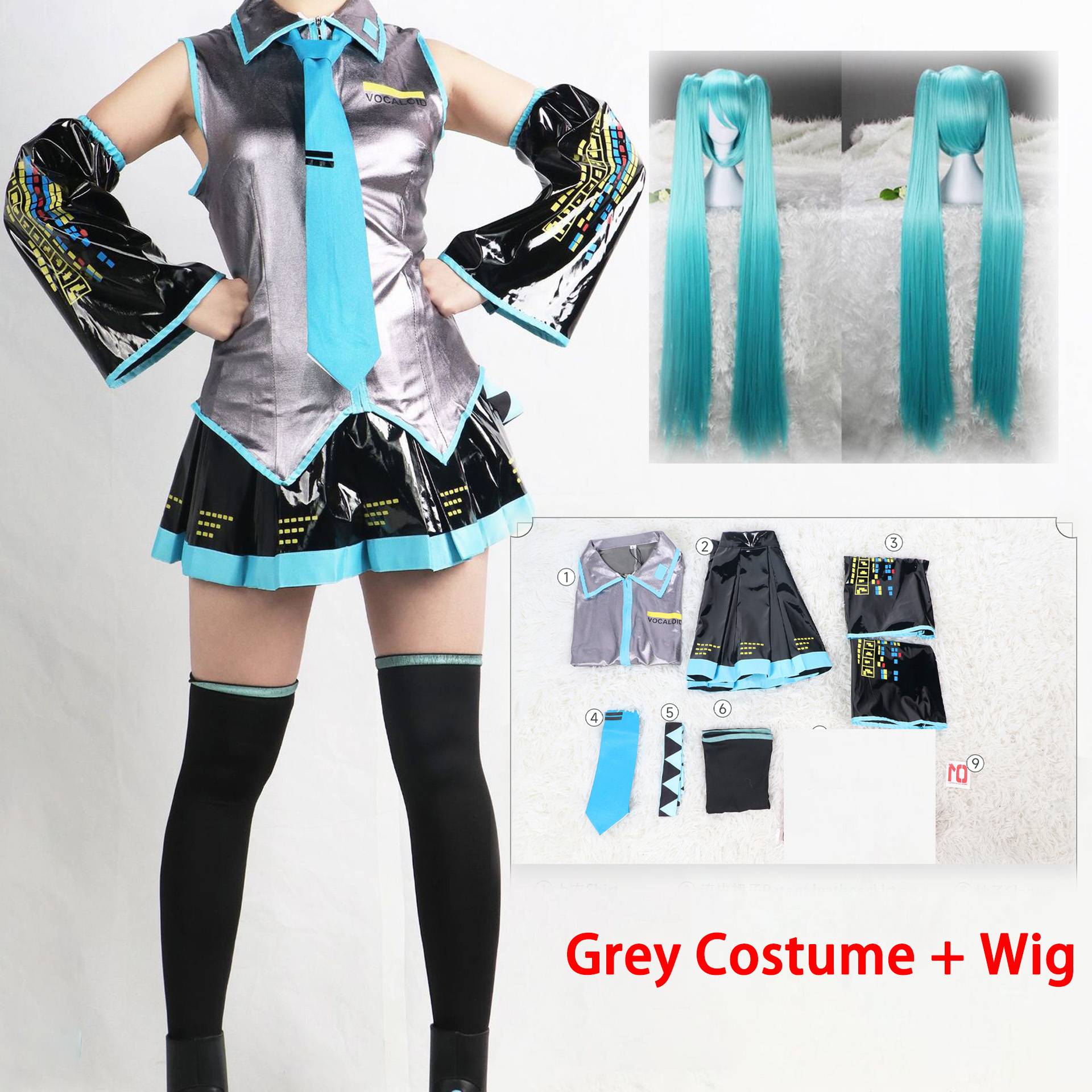 Miku Cosplay Costume Full Set Silver Leather Fabric Suit Miku Cosplay Headwear Costume Outfit JK Sailor Dress School Uniform