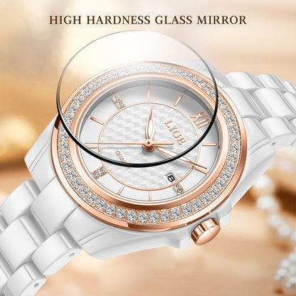 LIGE Fashion Quartz Watch for Women Stainless Steel Ceramics Strap Waterproof Women's Watches Elegant Luxury Ladies Wristwatch