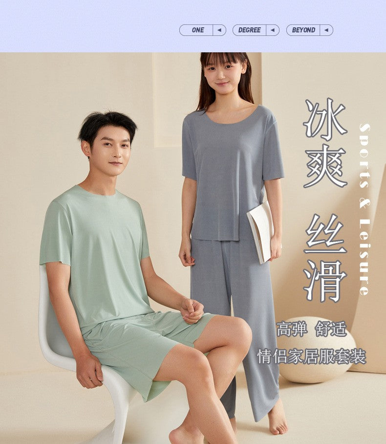 Super Thin Pajamas Suit Women Men Summer Ice Silk Cool Short-sleeved O-Neck Sleepwear Male Female Classic Simple Loungewear Suit