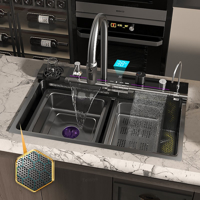 Stainless Steel kitchen Sink With Waterfall Golden Large Single Slot Multifunctional Digital Display Sinks 100*50CM