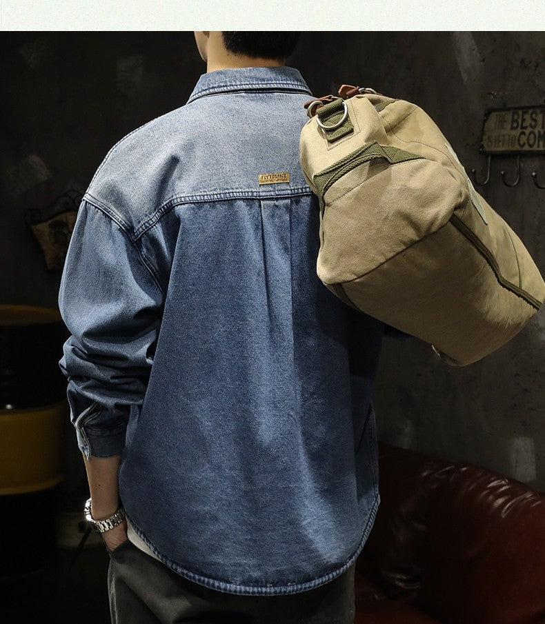 American Sle Heavyweight Men's Denim irt Loose Workwear Jaet Casual Long Sve Breathable Moisture ng Pure Color