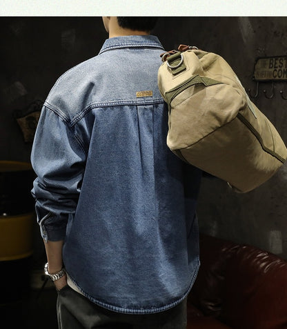 American Sle Heavyweight Men's Denim irt Loose Workwear Jaet Casual Long Sve Breathable Moisture ng Pure Color