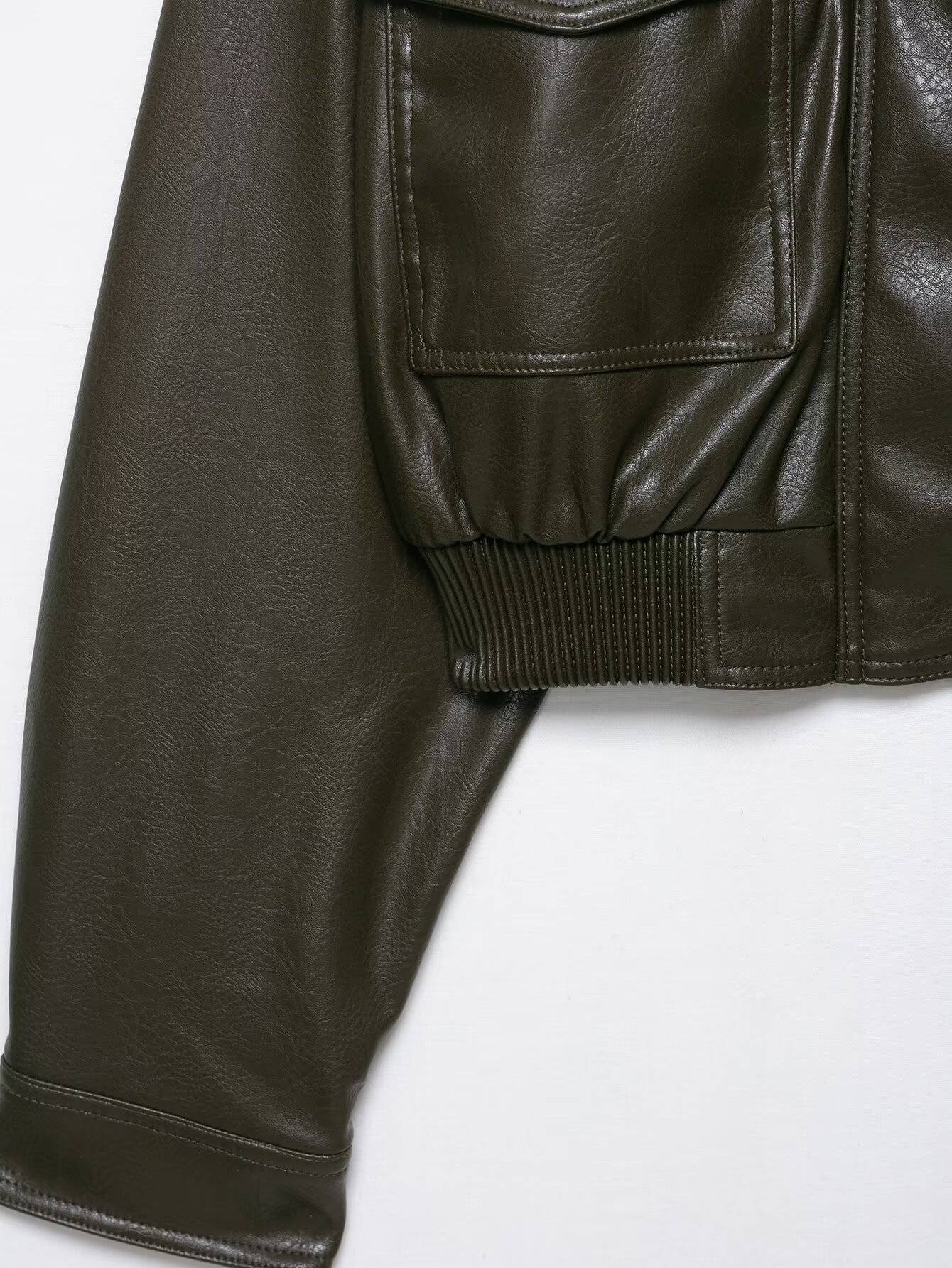 HH Women Large Front Pocket Jacket Vintage Solid Turtleneck Long Sleeve Zipper Faux Leather Jacket Fashion High Street Lady Coat