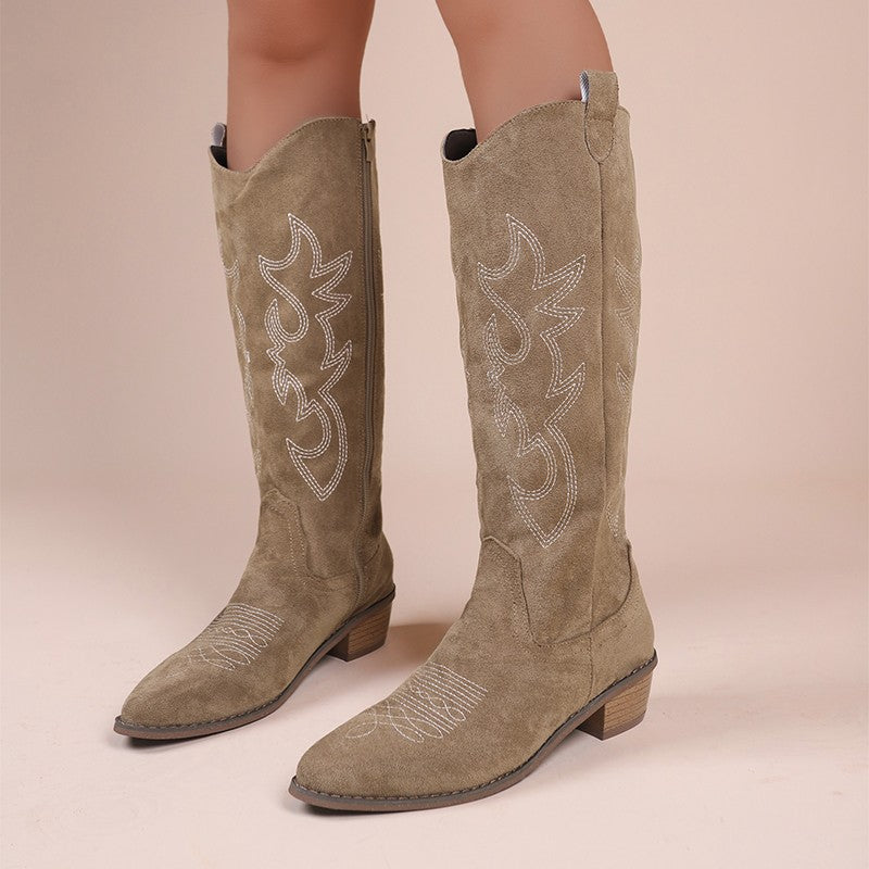 Embroidered Western Cowboy Boots for Women Autumn Pointed Toe Thick Heel High Knee Boots Woman Loose PU Leather Long Botas Mujer