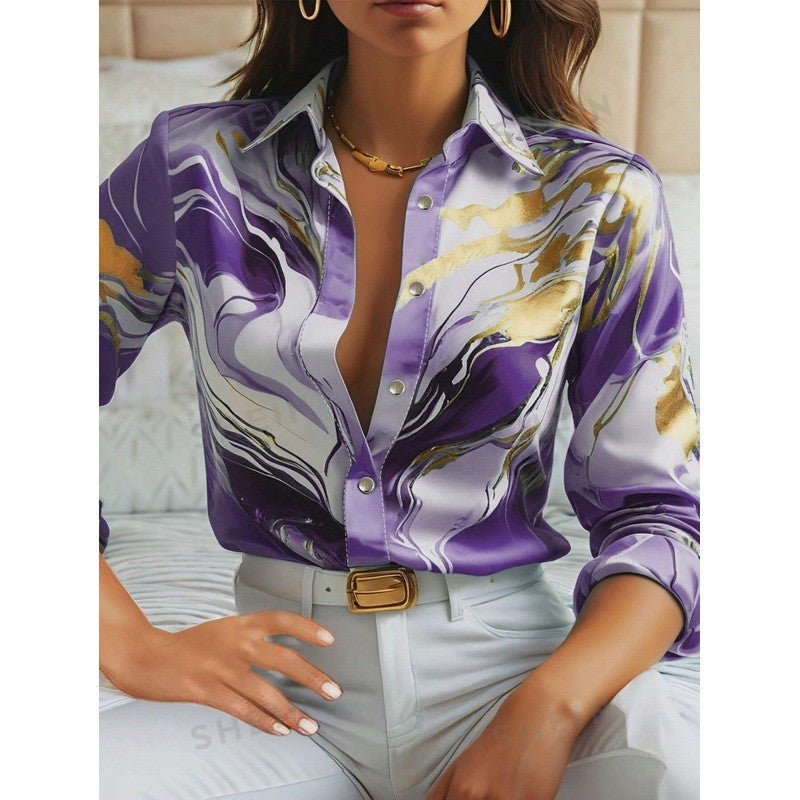 Women's Purple Long-Sleeve Shirt for Fall, Single-Button Collar Print Shirts, Fashionable Fitted Top for Girls.