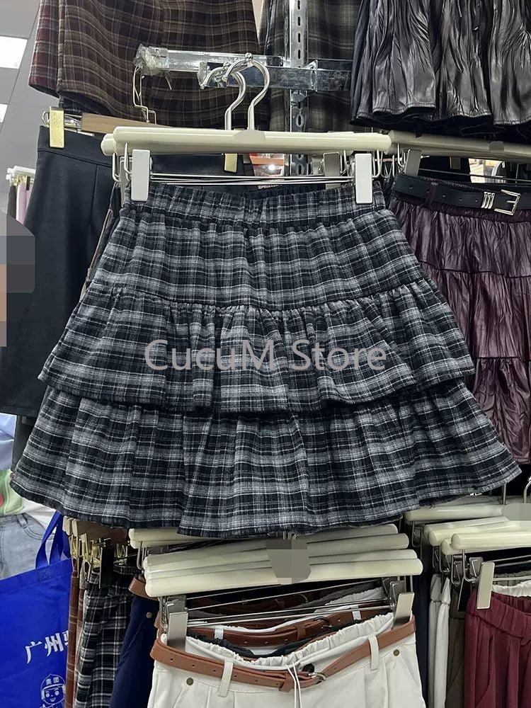Japanese Y2k Cute Ruffled Plaid Skirt Punk Rock Subculture Cake Skirts Japanese Preppy Style Casual New 2025 Women Skirts