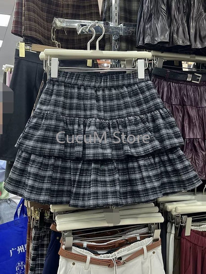 Japanese Y2k Cute Ruffled Plaid Skirt Punk Rock Subculture Cake Skirts Japanese Preppy Style Casual New 2025 Women Skirts