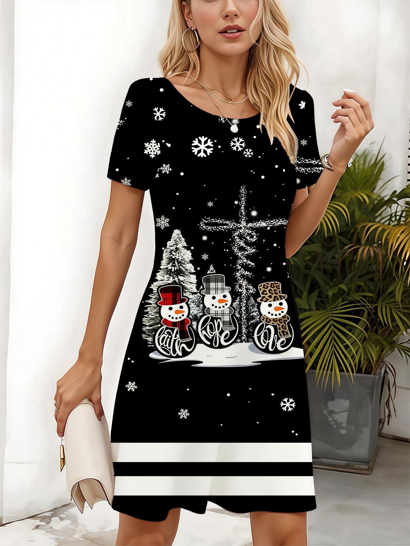 2025 New Snowman & Christmas Print Short Sleeve Dress Black with White Snowflakes & Red Hats Women's A-Line Dress Party Outfit
