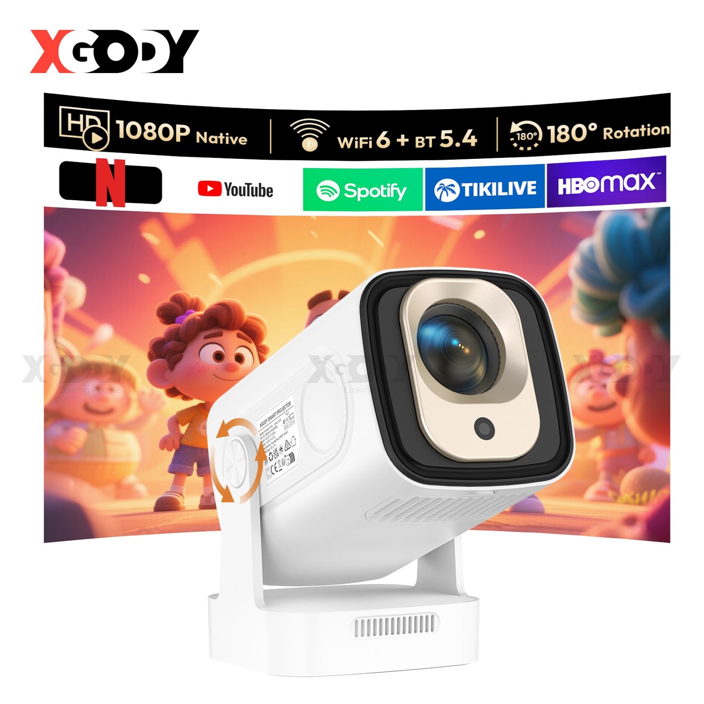 Projetor inteligente XGODY Gimbal5 PRO 4K HD 12000LMS com correção Keystone, nativo 1080p, Wi-Fi duplo, Bluetooth, Android e Home Theater
