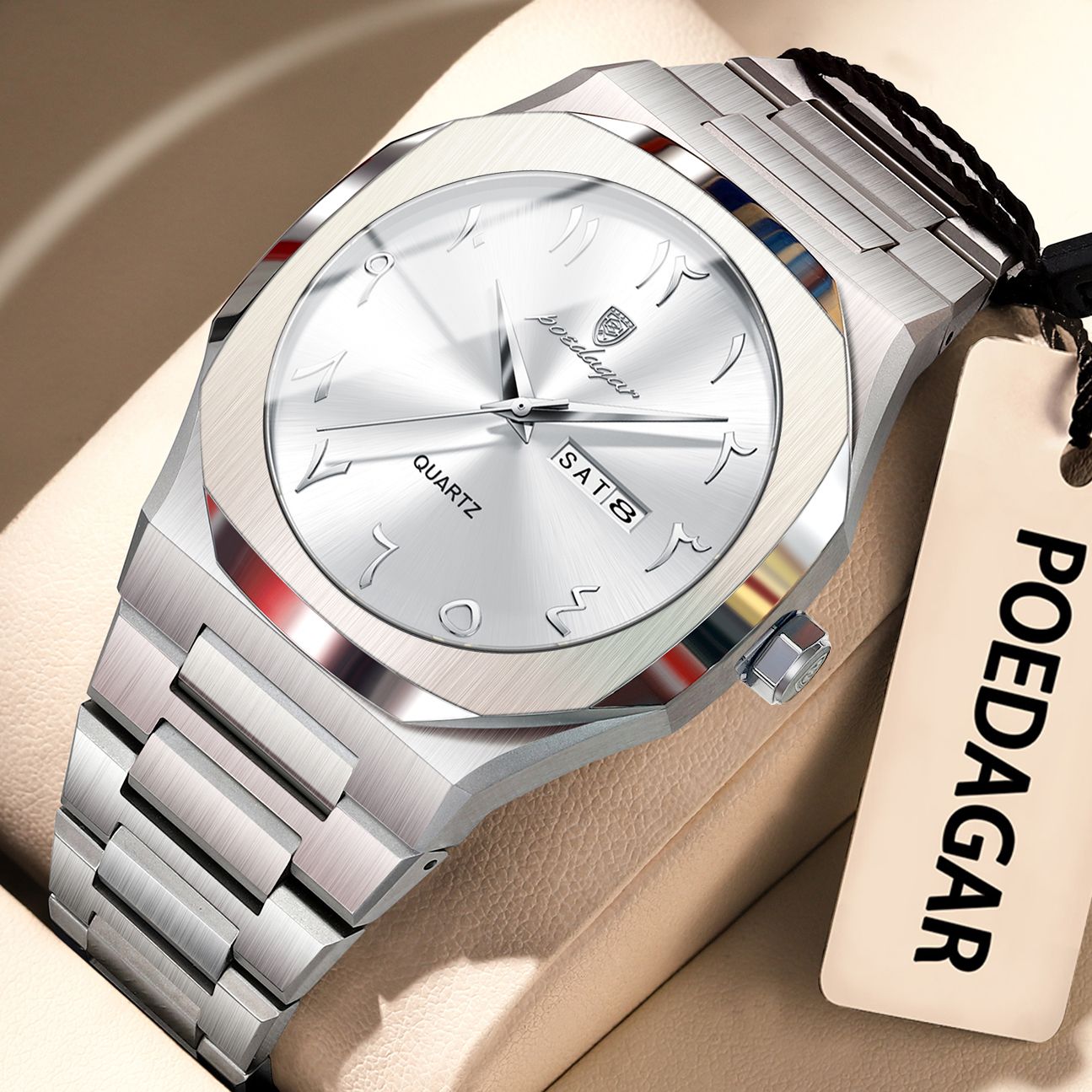 POEDAGAR Fashion High Quality Men Clock Date Week Waterproof Watch For Man Quartz Stainless Steel Luxury Men's Watches Reloj+Box