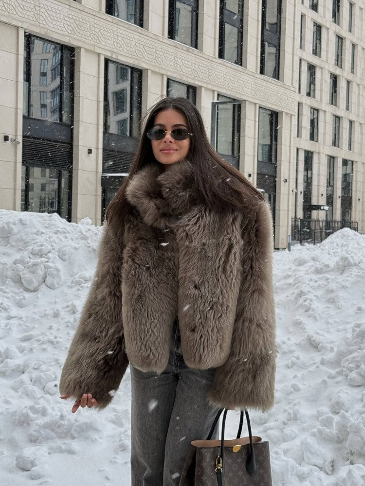Winter Women Warm Faux Fur Coats Fashion Browns Long Sleeve Stand Collar Short Jackets 2025 Lady High Street Commute Outerwear