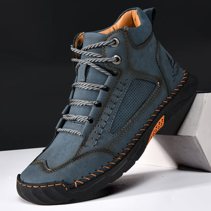 New Handmand Casual Leather Shoes Outdoor Men Boots Autumn Retro Breathable Casual Shoes Lace Up Blue Ankle Boots Winter Autumn