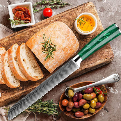 Conjunto de Facas de Cozinha, Conjunto de 15 Facas com Bloco de Madeira, Faca com Padrão Damasco a Laser em Aço de Alto Carbono Japonês com Facas de Bife